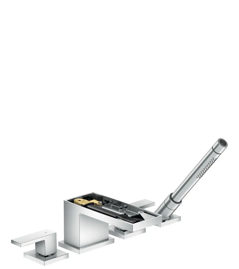 AXOR Wannenrandarmatur mit vier Auslässen und herausziehbarem Handbrausekopf in Chrom-Finish, zeigt interne Mechanik und Steuerungselemente.